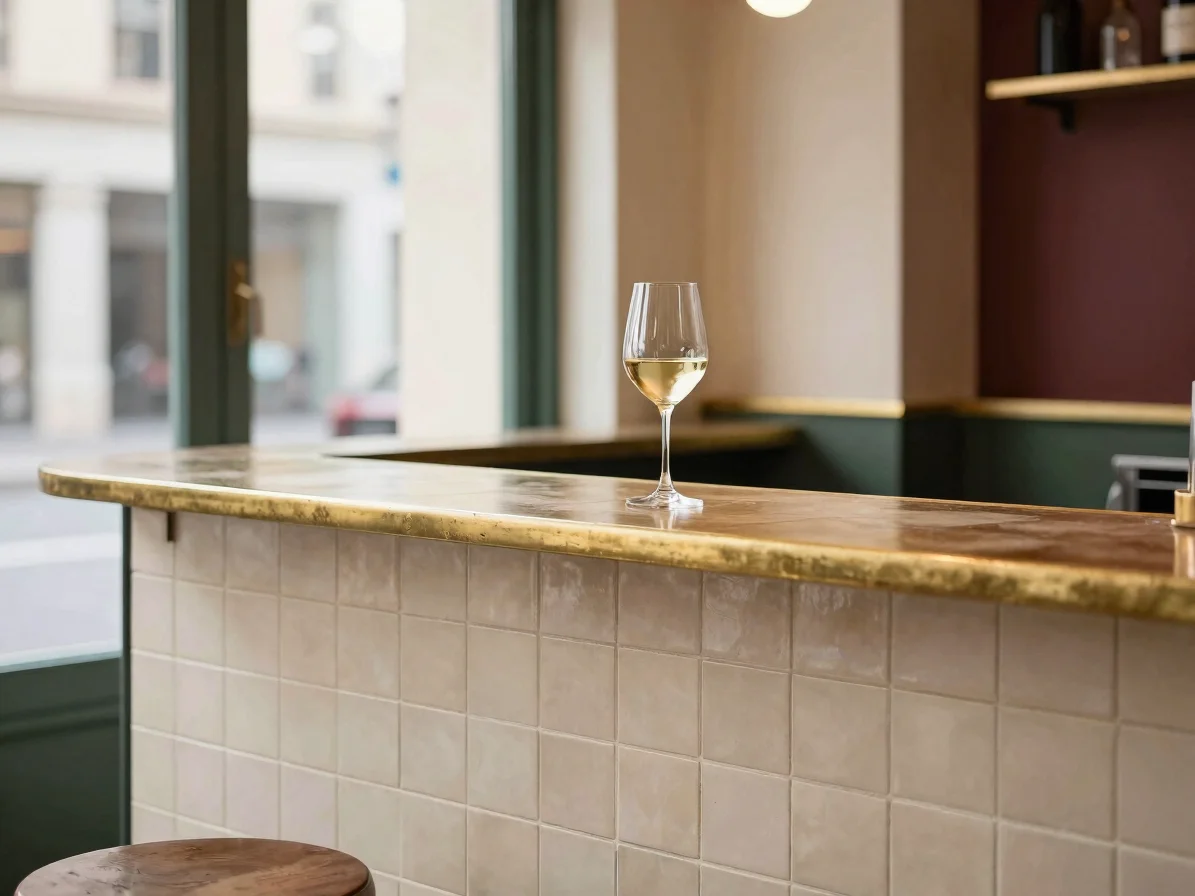 Brasserie zinc counter in soft café-window daylight, brass detail