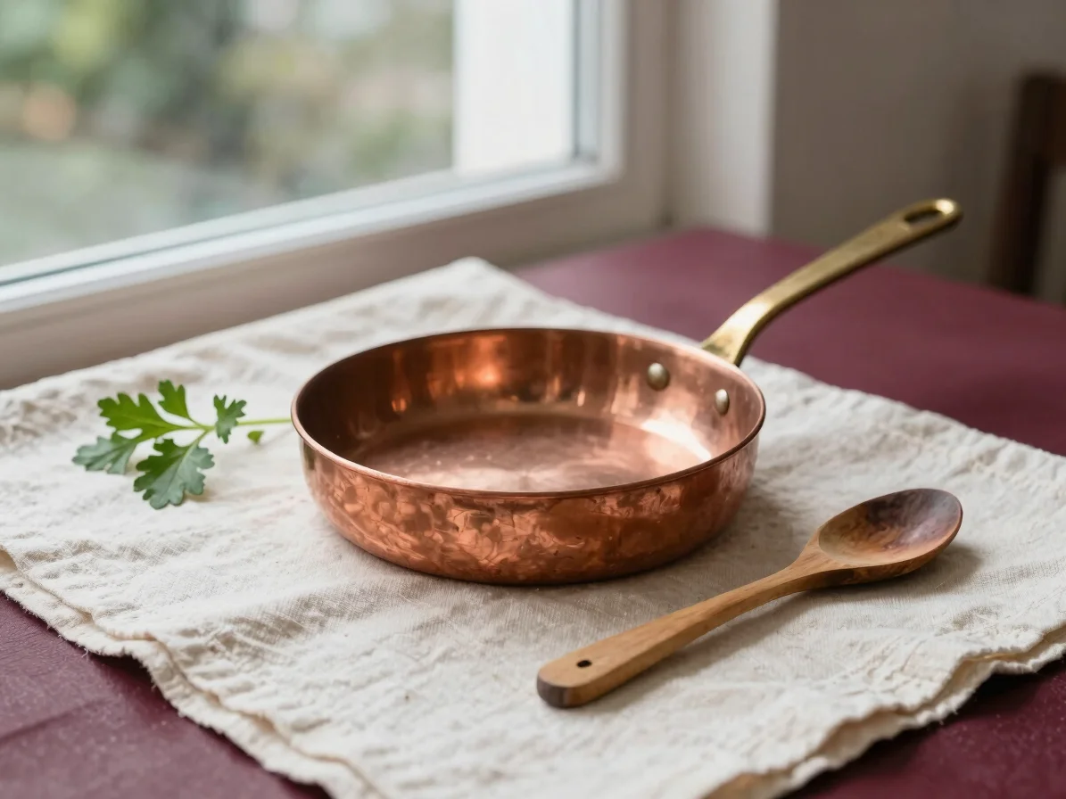 Close still life of a copper pan, wooden spoon and fresh herbs on