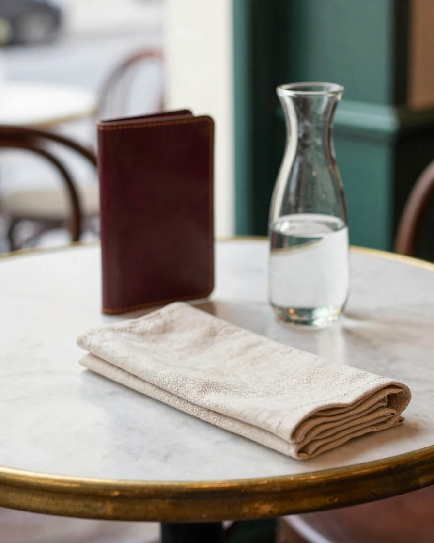 Editorial food photography of a quiet French brasserie table at s