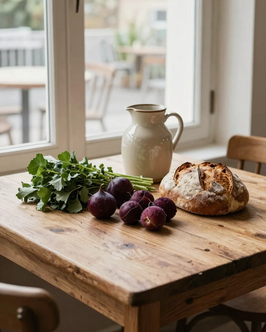 Close overhead composition of a rustic wooden table with fresh re